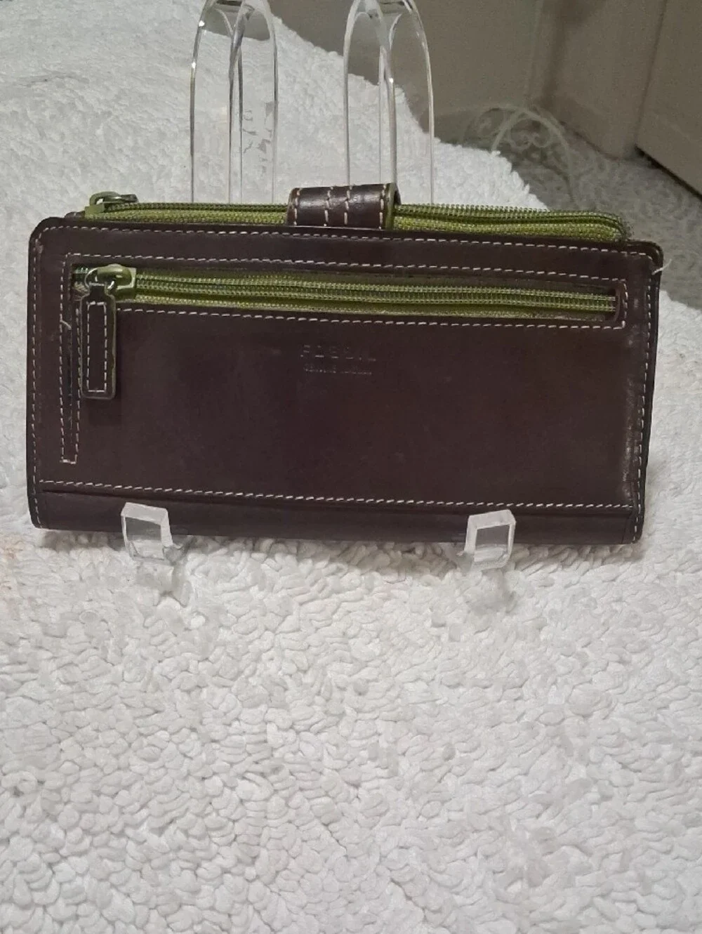 Fossil Dark Brown Wallet with Olive Green Zip Accent